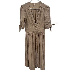 Free People Love Of My Life Midi Dress Taupe Cotton Gauze Boho Button Front XS